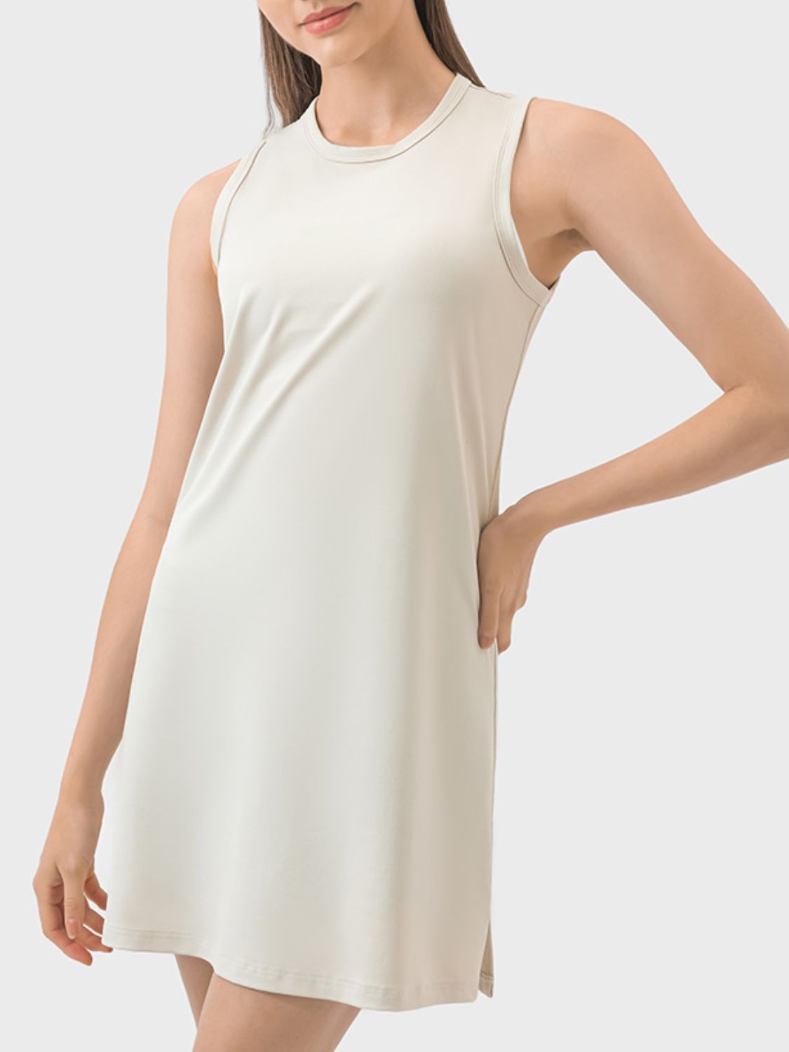 Round Neck Sleeveless Active Dress-TOPS / DRESSES-[Adult]-[Female]-Beige-4-2022 Online Blue Zone Planet