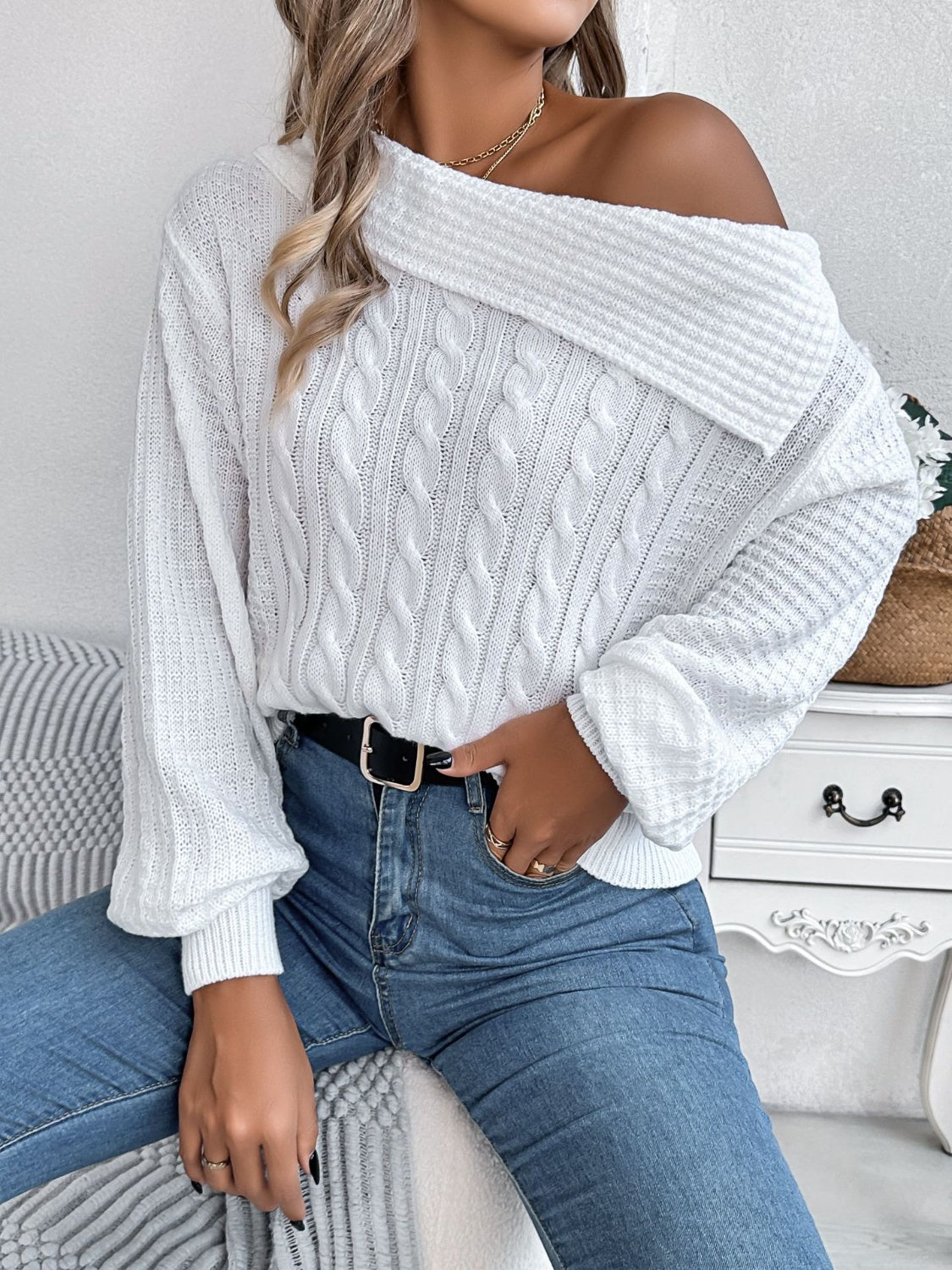 Cable-Knit One Shoulder Long Sleeve Sweater-TOPS / DRESSES-[Adult]-[Female]-2022 Online Blue Zone Planet