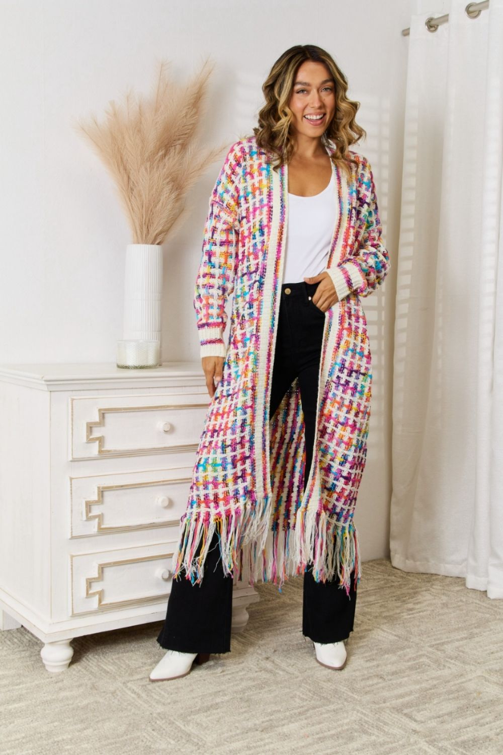 Multicolored Open Front Fringe Hem Cardigan BLUE ZONE PLANET