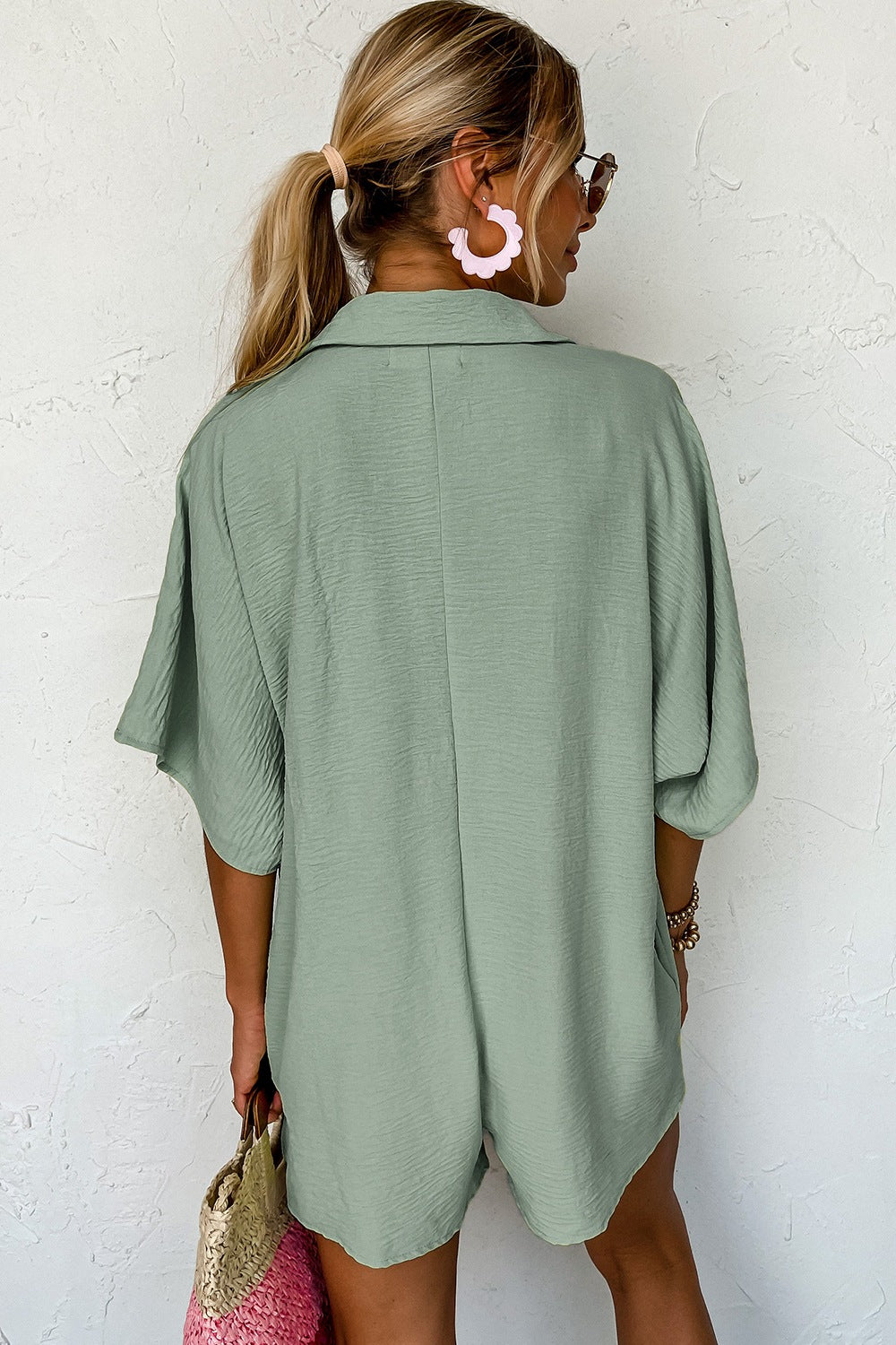 Half Button Collared Neck Romper-TOPS / DRESSES-[Adult]-[Female]-2022 Online Blue Zone Planet