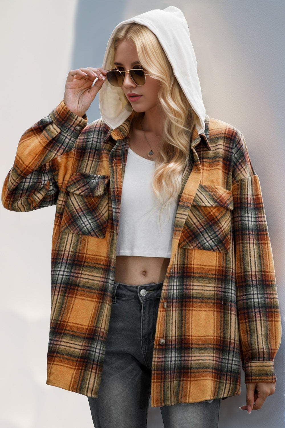 Blue Zone Planet | Drawstring Plaid Long Sleeve Hooded Shacket-TOPS / DRESSES-[Adult]-[Female]-Sherbet-2XL-2022 Online Blue Zone Planet