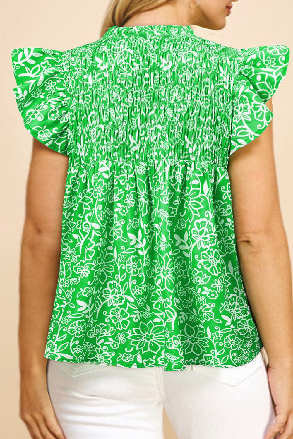 Green Floral Flutter Sleeve Shirred Notched Neck Plus Size Blouse-Plus Size/Plus Size Tops/Plus Size Blouses & Shirts-[Adult]-[Female]-2022 Online Blue Zone Planet