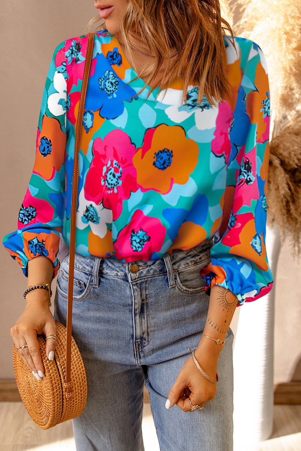Multicolor Floral Print V Neck 3/4 Sleeve Blouse-Tops/Blouses & Shirts-[Adult]-[Female]-2022 Online Blue Zone Planet