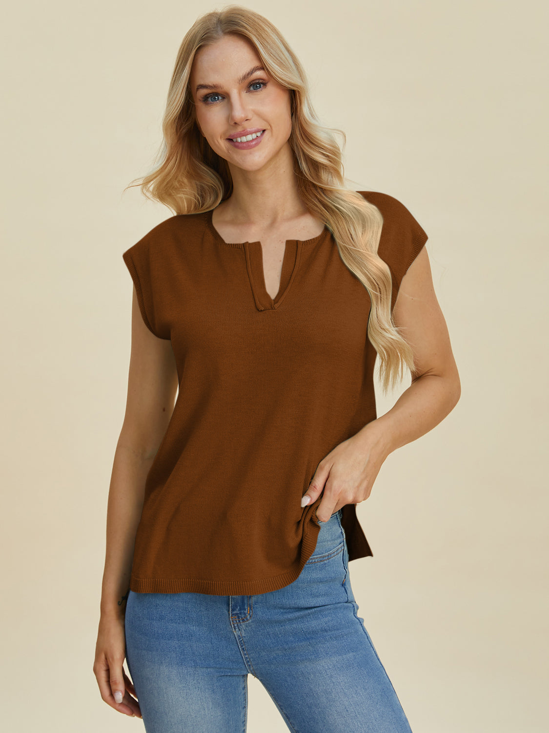 Double Take Full Size Notched Cap Sleeve Knit Top-TOPS / DRESSES-[Adult]-[Female]-Caramel-S-2022 Online Blue Zone Planet