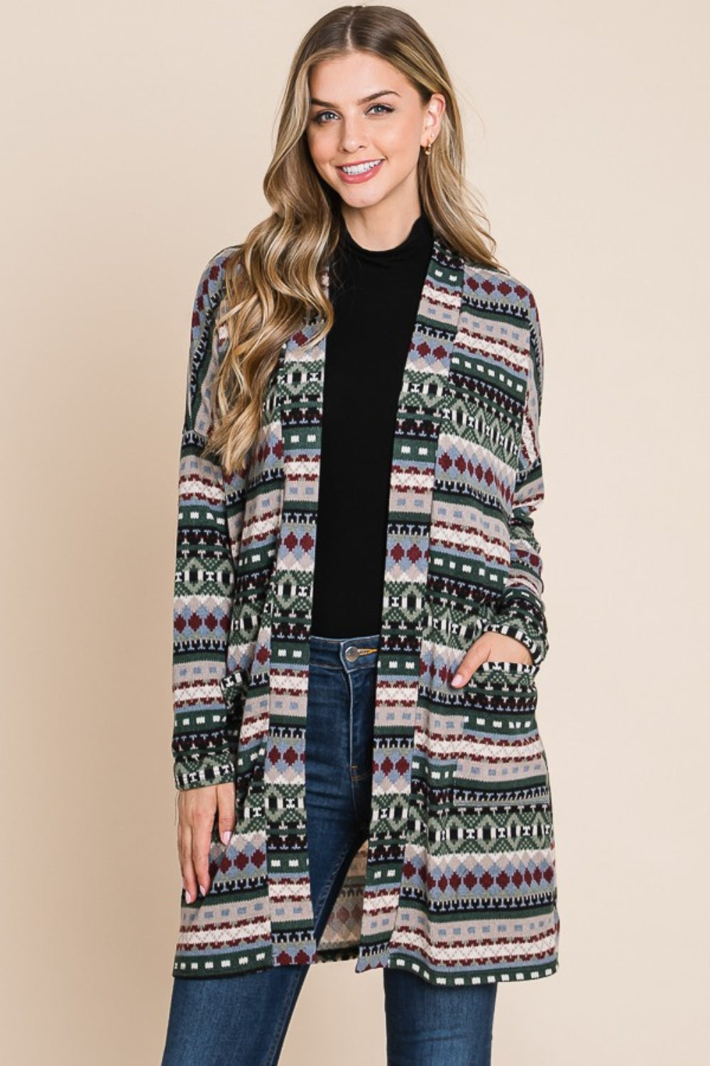 BOMBOM Geometric Open Front Long Sleeve Cardigan with Pockets-TOPS / DRESSES-[Adult]-[Female]-2022 Online Blue Zone Planet