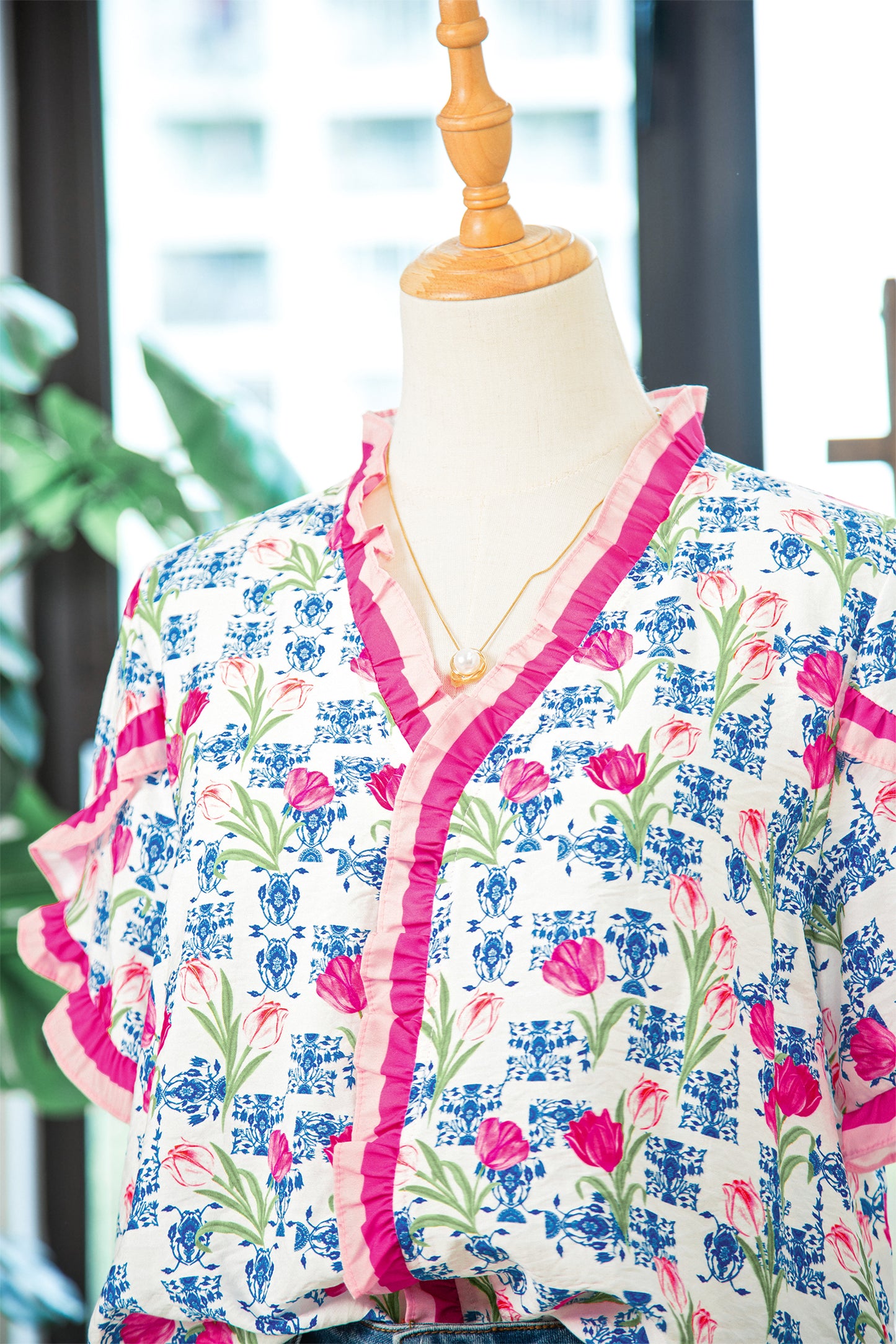 Rose Floral Print Ruffle V-Neck Short Sleeve Loose Tunic Shirt-Tops/Blouses & Shirts-[Adult]-[Female]-2022 Online Blue Zone Planet