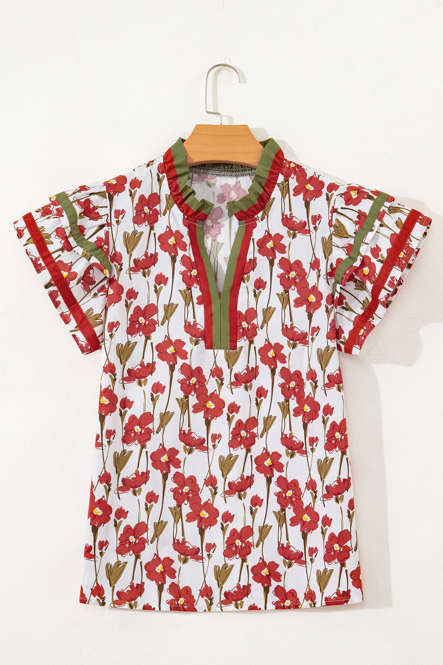 Red Floral Print Contrast Trim V Neck Double Ruffled Short Sleeve Blouse-Tops/Blouses & Shirts-[Adult]-[Female]-2022 Online Blue Zone Planet