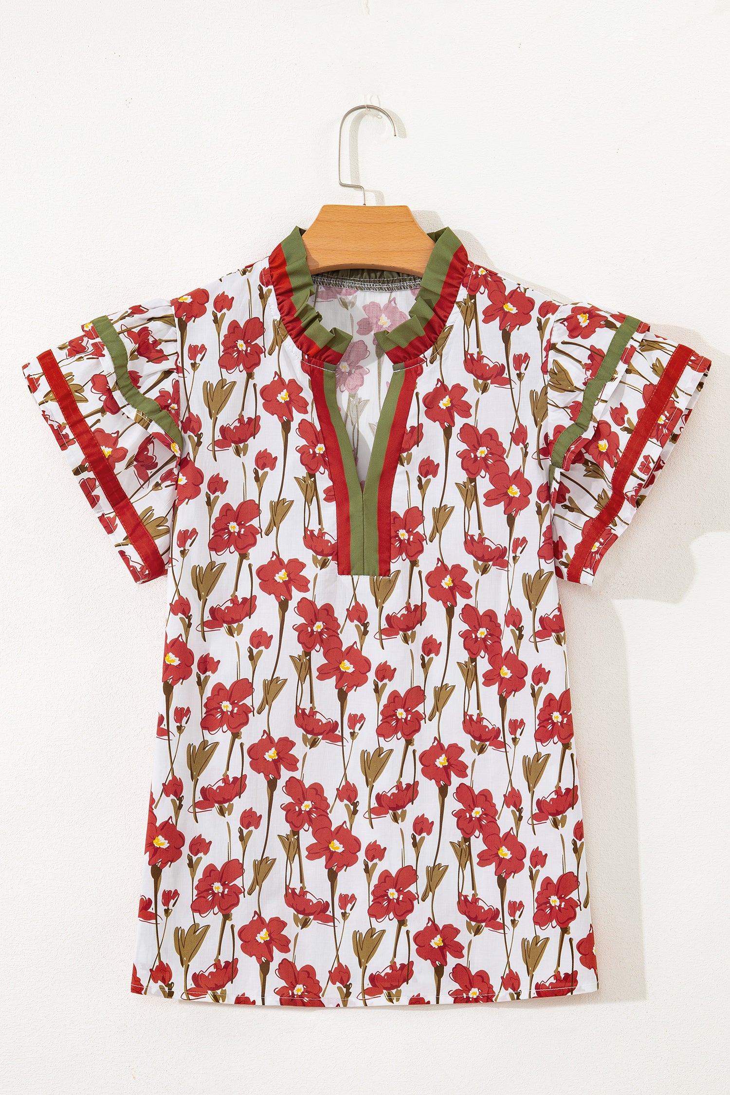 Red Floral Print Contrast Trim V Neck Double Ruffled Short Sleeve Blouse-Tops/Blouses & Shirts-[Adult]-[Female]-2022 Online Blue Zone Planet