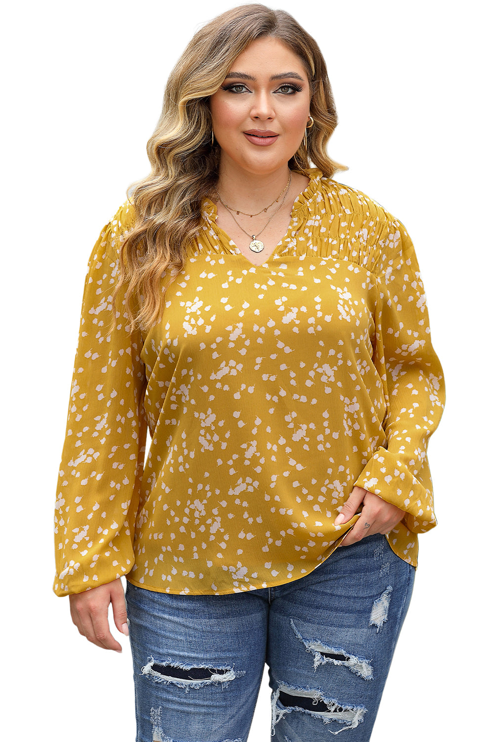 Yellow Plus Size Floral Print Ruched Split Neck Blouse-Sale (50% OFF)/30% OFF-[Adult]-[Female]-2022 Online Blue Zone Planet