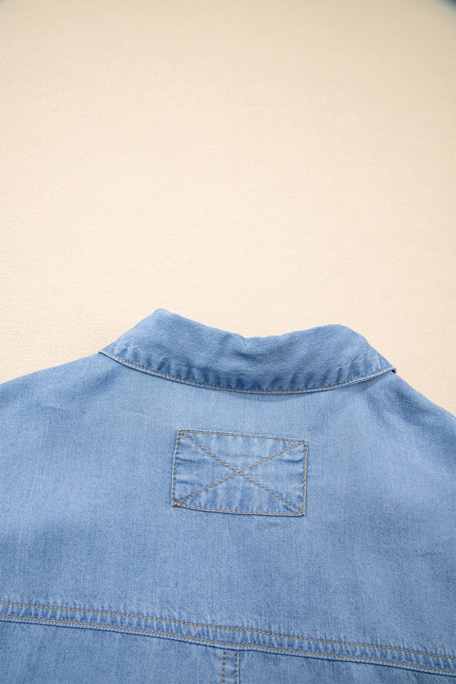 Beau Blue Half Sleeve Button Down Ruffled High Low Chambray Shirt-Tops/Blouses & Shirts-[Adult]-[Female]-2022 Online Blue Zone Planet