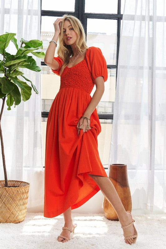 ADORA Popcorn Smocked Puff Sleeve Dress-TOPS / DRESSES-[Adult]-[Female]-Orange-Red-S-2022 Online Blue Zone Planet