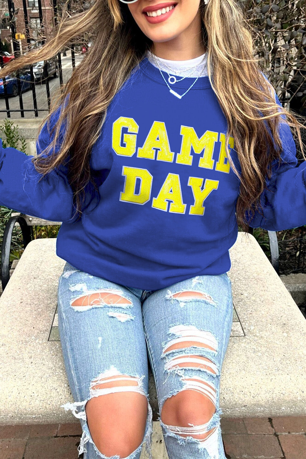 Dark Blue Game Day Crew Neck Graphic Pullover Sweatshirt-Tops/Sweatshirts & Hoodies-[Adult]-[Female]-2022 Online Blue Zone Planet