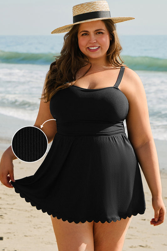Black Plus Size Textured Scalloped Trim Swim Dress with Panty-TOPS / DRESSES-[Adult]-[Female]-Black-1X-2022 Online Blue Zone Planet