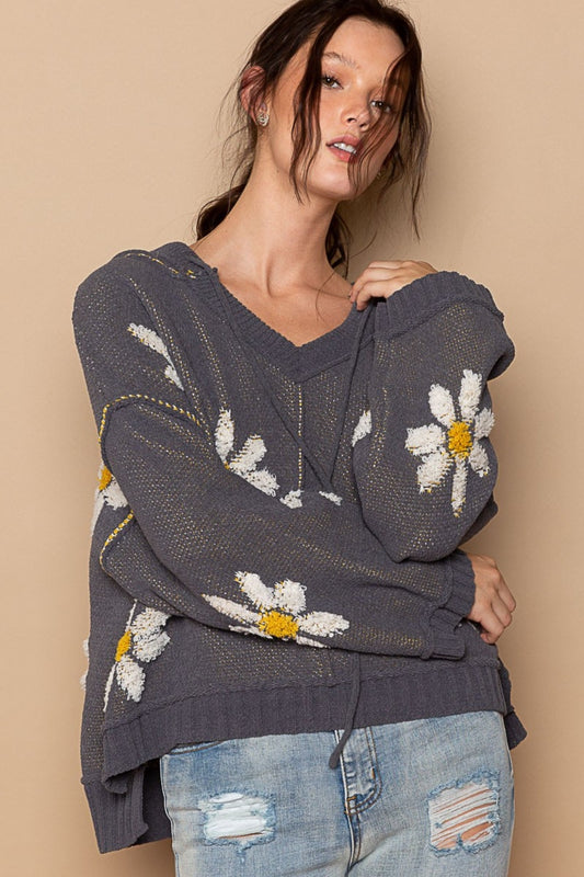 POL Floral Pattern Hooded High-Low Sweater-Tops / Dresses-[Adult]-[Female]-Charcoal-S-2022 Online Blue Zone Planet