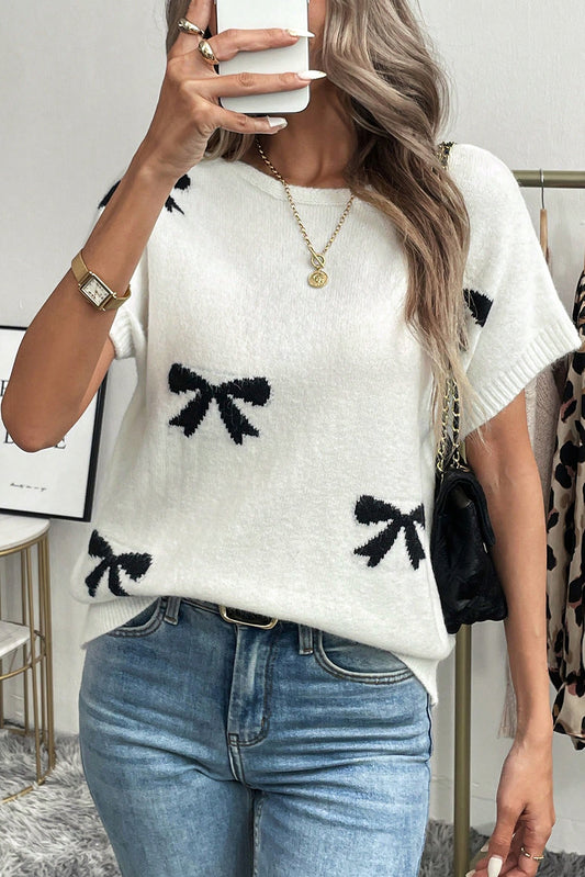 Black Bow Pattern Knit Short Sleeve Sweater-TOPS / DRESSES-[Adult]-[Female]-2022 Online Blue Zone Planet