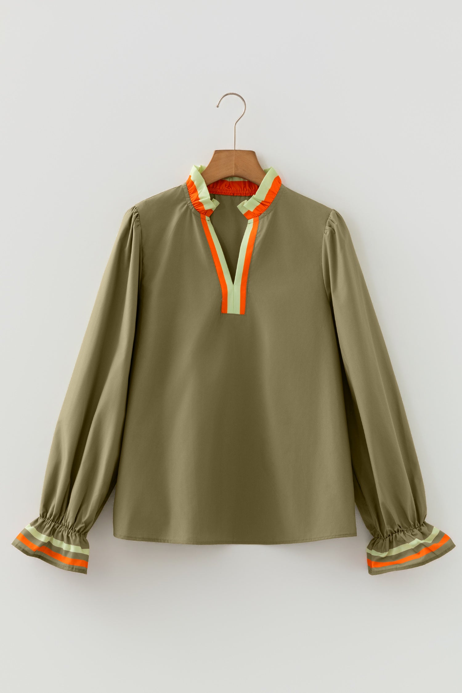 Four Leaf Clover Striped Trim Ruffle Split Neck Long Sleeve Blouse-Tops/Blouses & Shirts-[Adult]-[Female]-2022 Online Blue Zone Planet