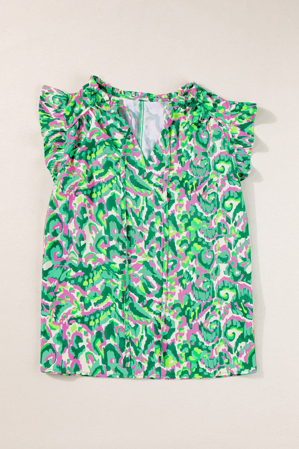 Green Abstract Print Ruffled Trim Tied Split Neck Tank Top-Tops/Tank Tops-[Adult]-[Female]-2022 Online Blue Zone Planet