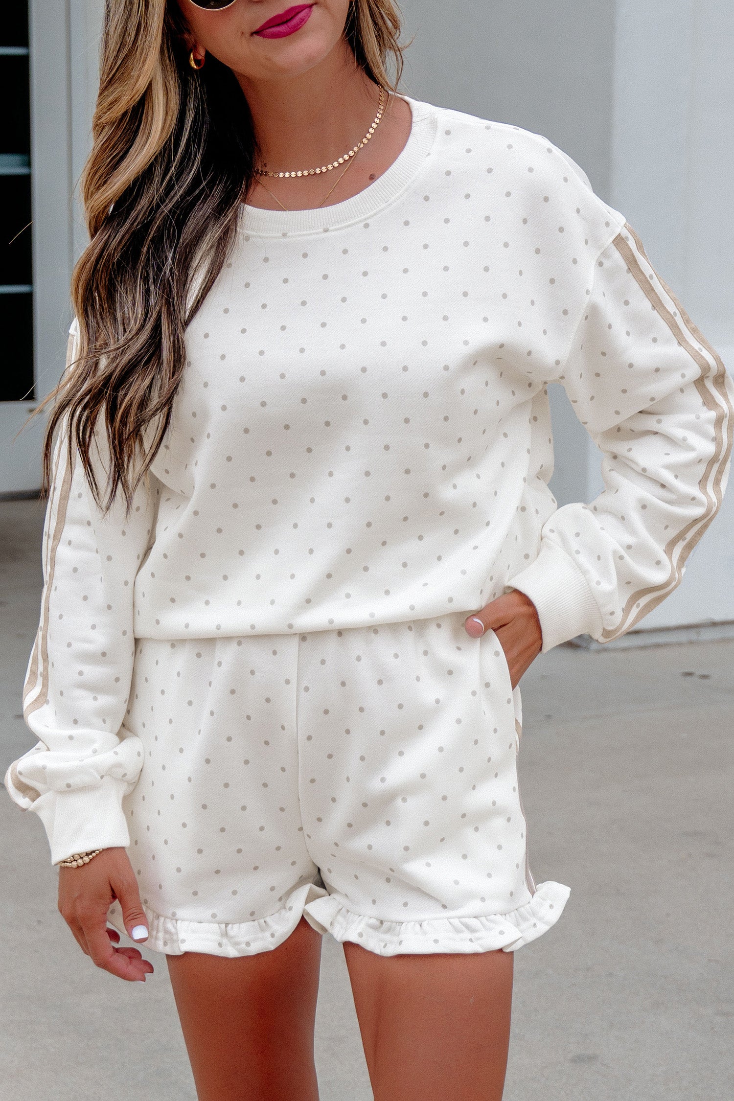 White Polka Dot Print Side Stripe Detail Casual Sweatshirt 2pcs Short Set-Two Piece Sets/Short Sets-[Adult]-[Female]-2022 Online Blue Zone Planet