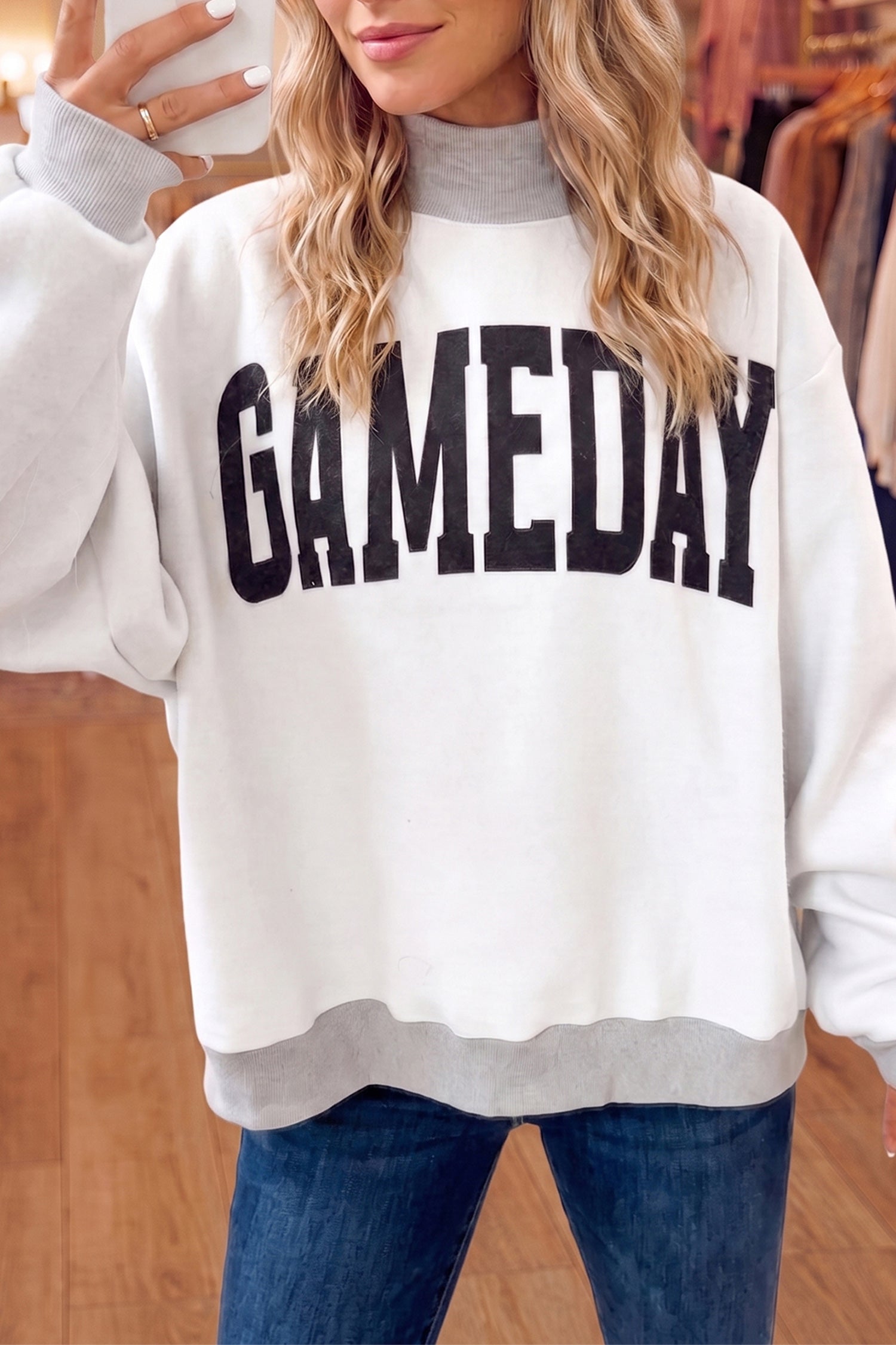 Light Grey High Neck GAMEDAY/ FOOTBALL Double Side Printed Reversible Sweatshirt-Tops/Sweatshirts & Hoodies-[Adult]-[Female]-2022 Online Blue Zone Planet