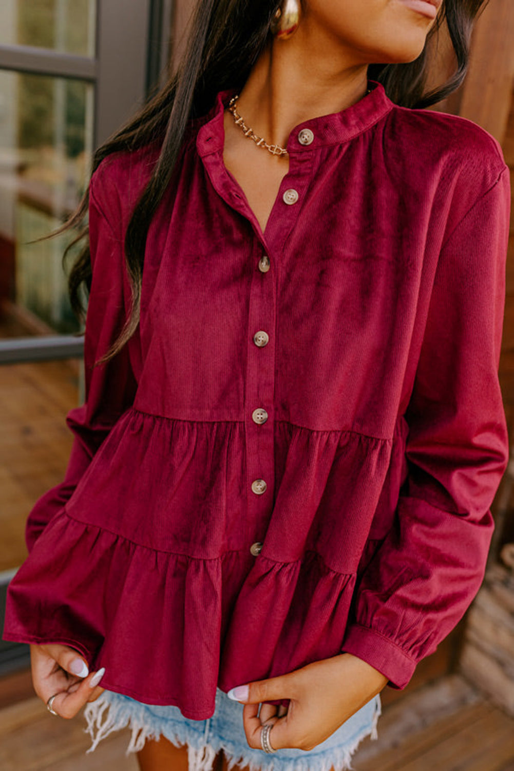 Skobeloff Corduroy Ruffle Tiered Buttoned O Neck Shirt-Tops/Blouses & Shirts-[Adult]-[Female]-Burgundy-S-2022 Online Blue Zone Planet