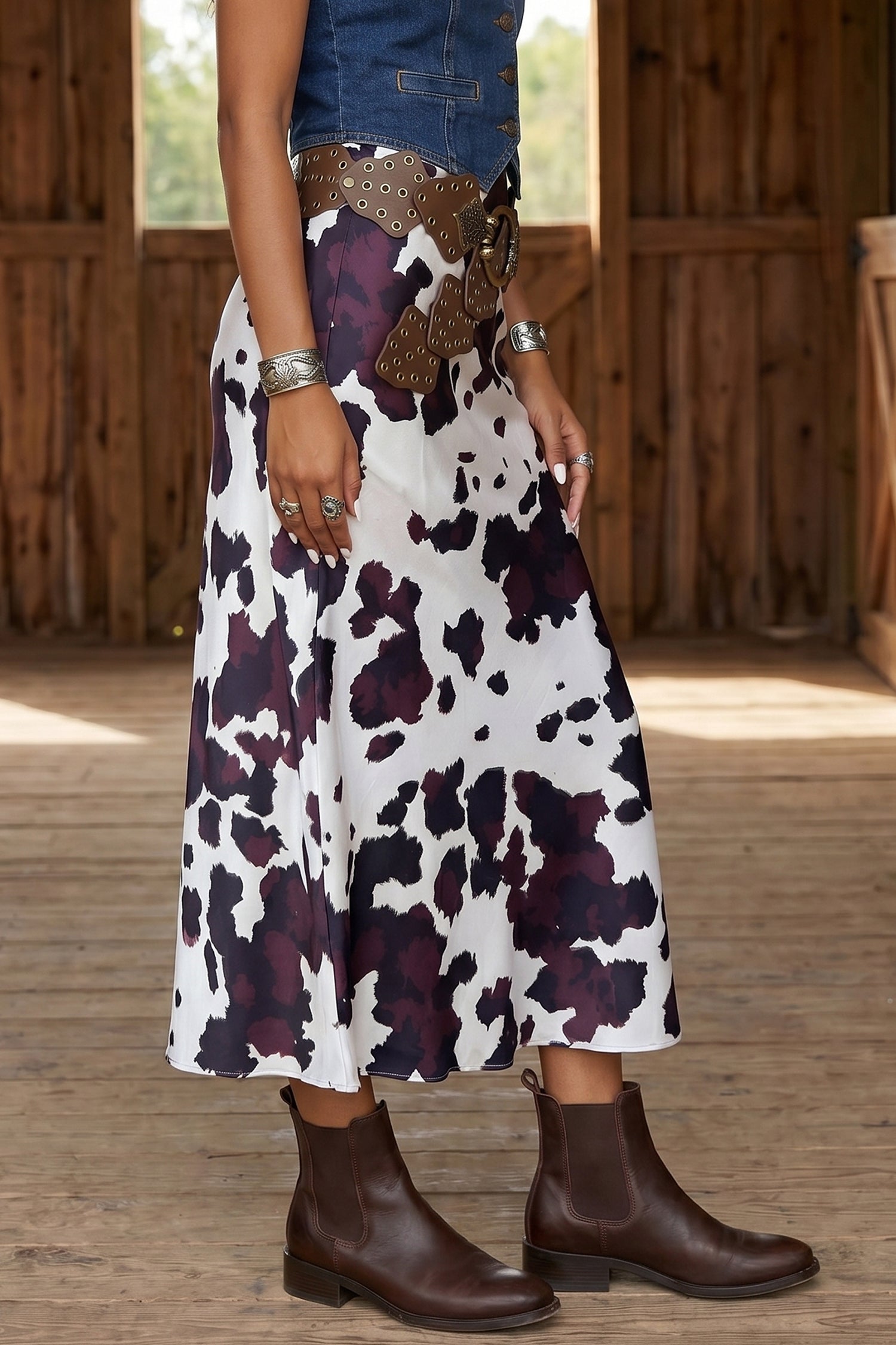 Brown Abstract Print Western Long Metal Zip-Up Waist Daily Wear Skirt-Bottoms/Skirts & Petticoat-[Adult]-[Female]-2022 Online Blue Zone Planet