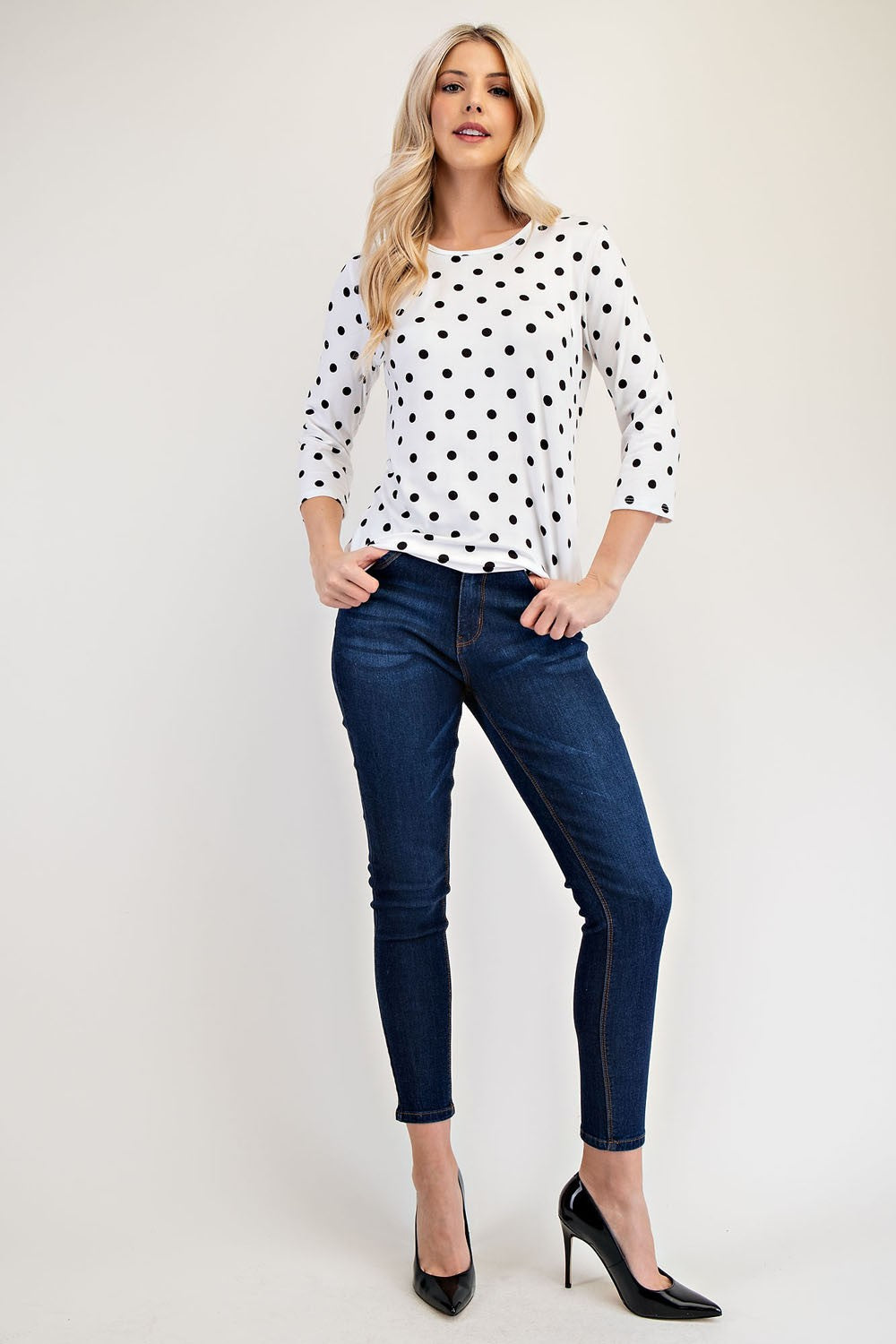 Celeste Full Size Polka Dot Round Neck Three-Quarter Sleeve T-Shirt-TOPS / DRESSES-[Adult]-[Female]-2022 Online Blue Zone Planet