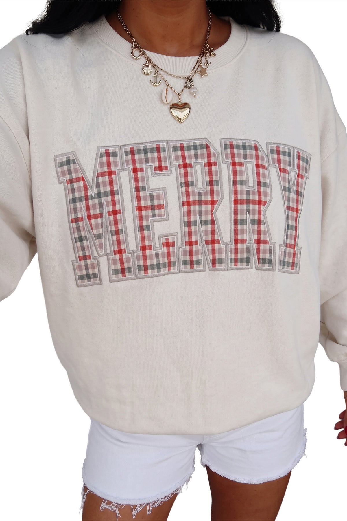 White Embroidered Plaid MERRY Sweatshirt-Tops/Sweatshirts & Hoodies-[Adult]-[Female]-2022 Online Blue Zone Planet