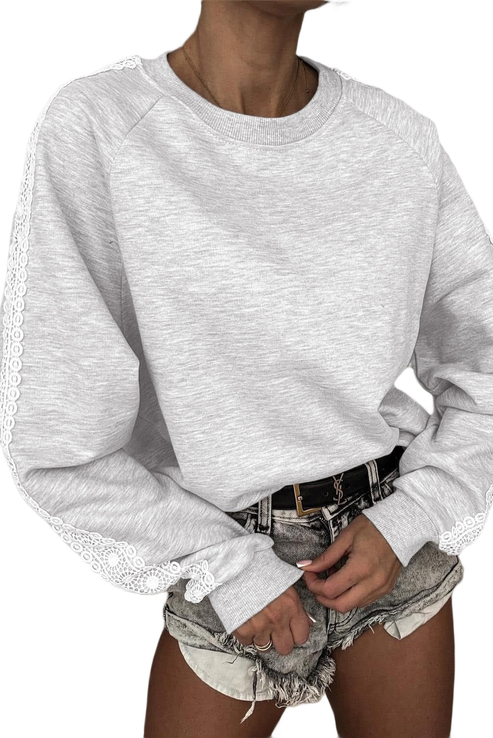 Light Grey Lace Patchwork Raglan Sleeve Crew Neck Sweatshirt-Tops/Sweatshirts & Hoodies-[Adult]-[Female]-2022 Online Blue Zone Planet