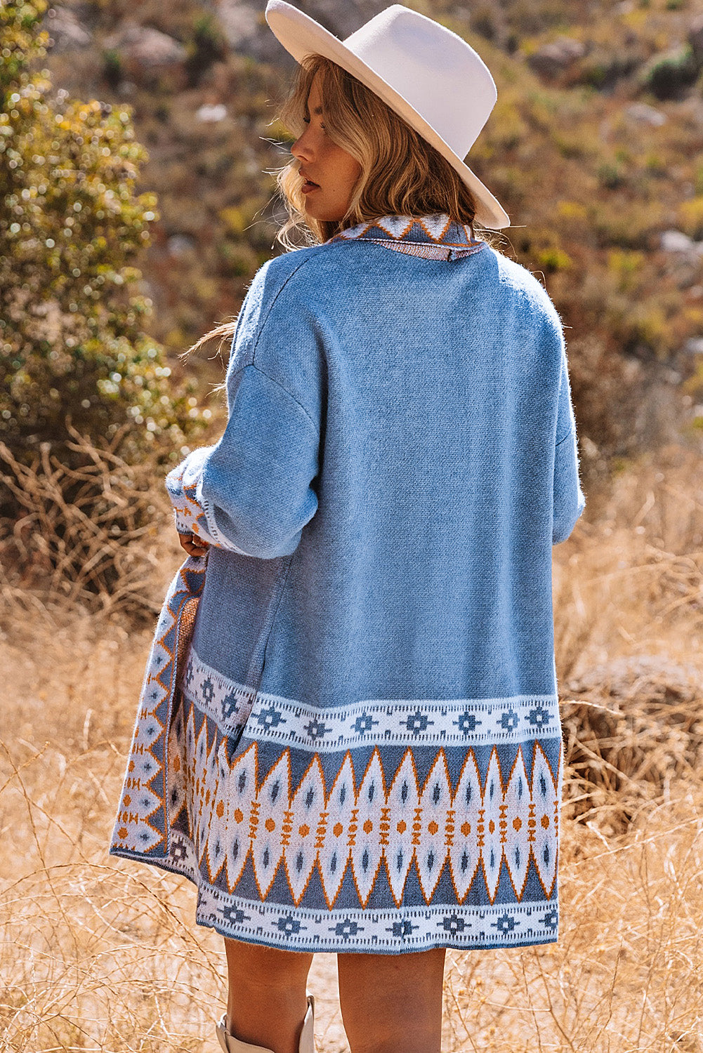 Brown Aztec Print Open Front Knitted Cardigan-Sweaters & Cardigans/Cardigans-[Adult]-[Female]-2022 Online Blue Zone Planet