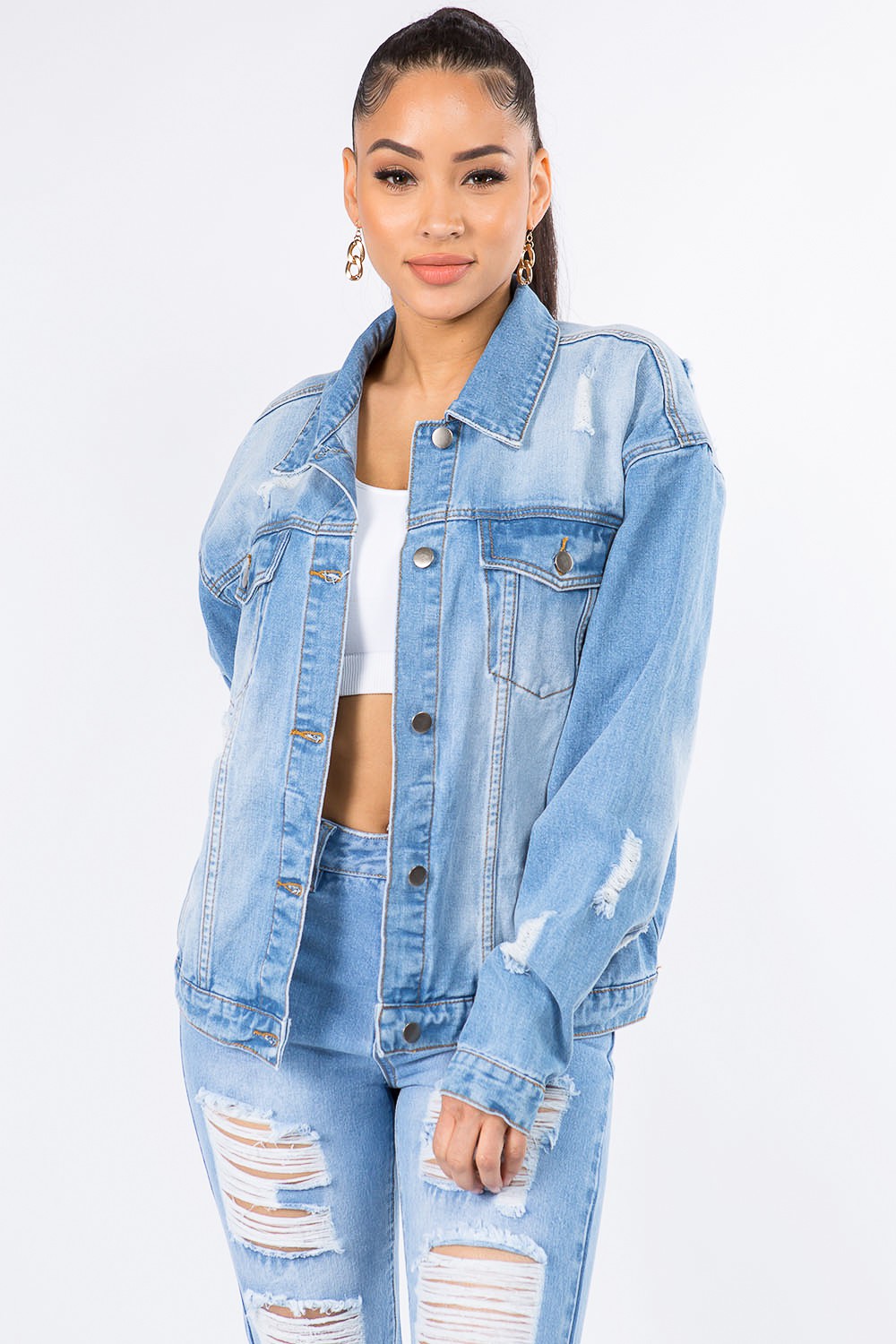 American Bazi Graphic Distressed Long Sleeve Denim Jacket-TOPS / DRESSES-[Adult]-[Female]-Blue-S-2022 Online Blue Zone Planet