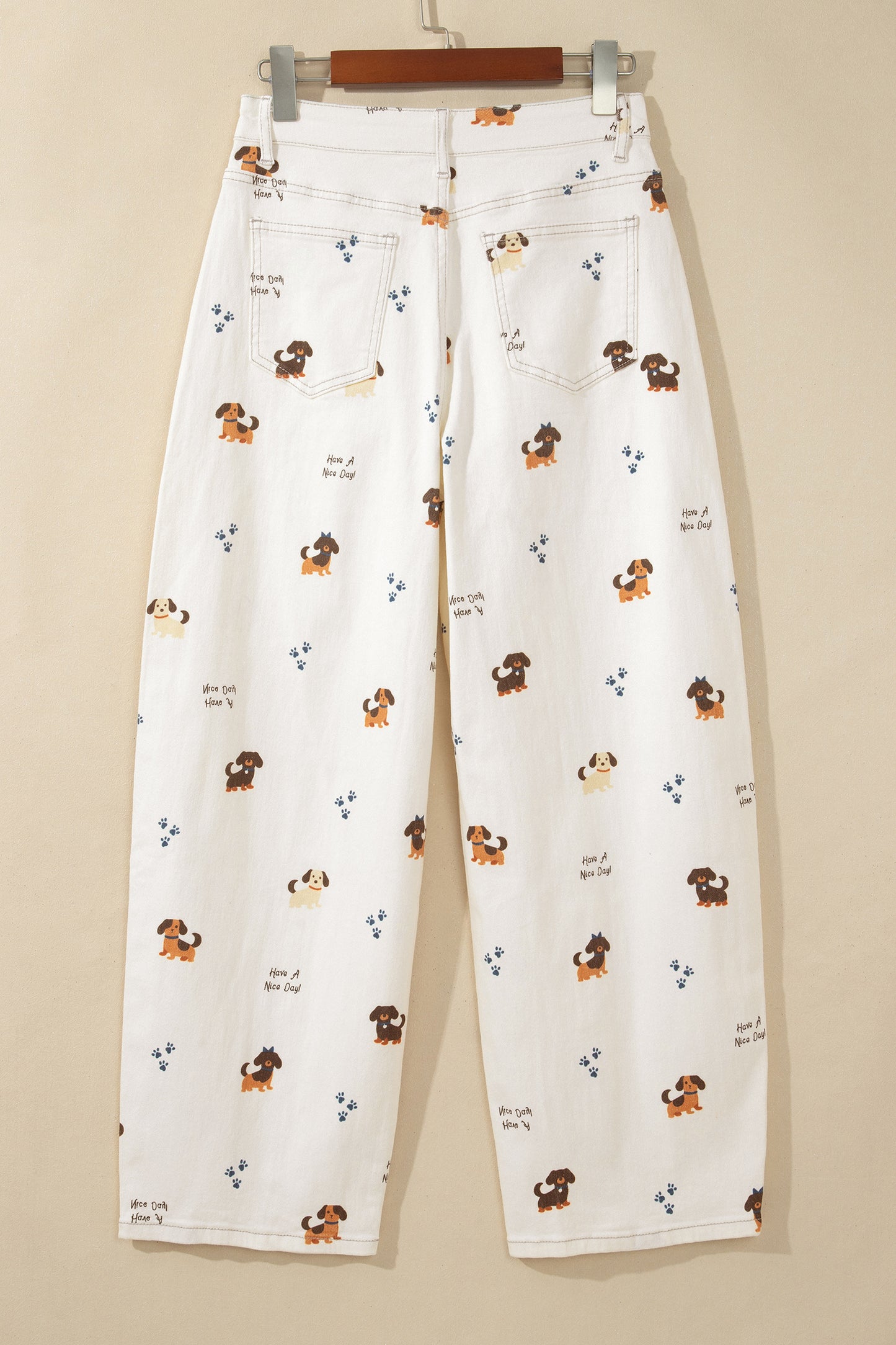 White Abstract Dog Print Wide Leg Full-Length Jeans-Bottoms/Jeans-[Adult]-[Female]-2022 Online Blue Zone Planet