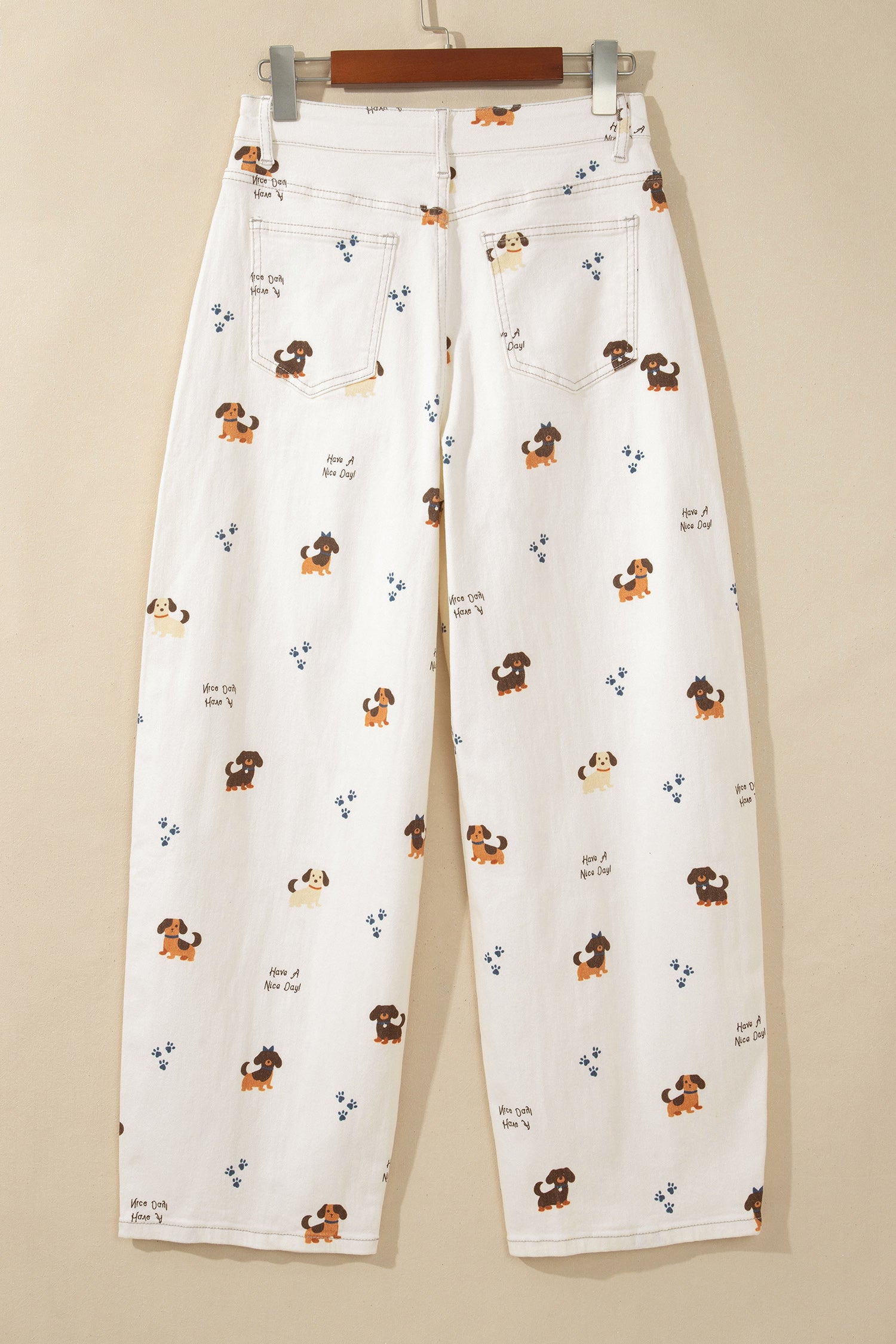 White Abstract Dog Print Wide Leg Full-Length Jeans-Bottoms/Jeans-[Adult]-[Female]-2022 Online Blue Zone Planet
