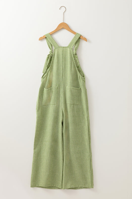 Green Gingham Wide Leg Loose Overall with Pockets-Bottoms/Jumpsuits & Rompers-[Adult]-[Female]-2022 Online Blue Zone Planet