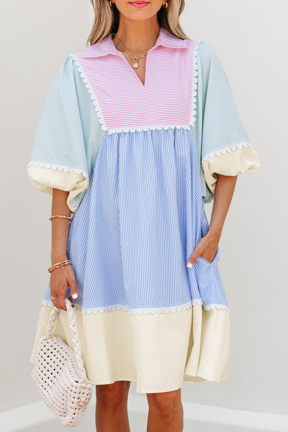 Multicolour Striped Patchwork Ric Rac Puff Sleeve Collared Mini Dress-TOPS / DRESSES-[Adult]-[Female]-2022 Online Blue Zone Planet
