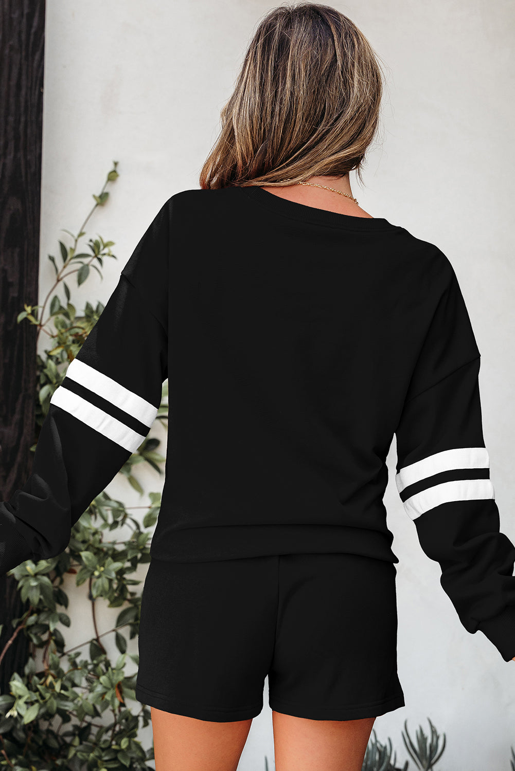 Black Varsity Striped Sleeve Drop Shoulder Sweatshirt and Short Set-Two Piece Sets/Short Sets-[Adult]-[Female]-2022 Online Blue Zone Planet