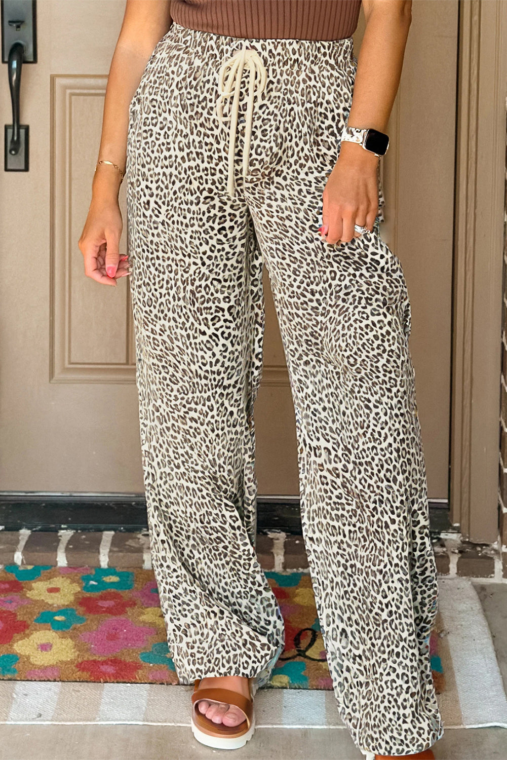 Brown Leopard Drawstring Elastic Waistband Loose Pants-Bottoms/Pants & Culotte-[Adult]-[Female]-Brown-S-2022 Online Blue Zone Planet
