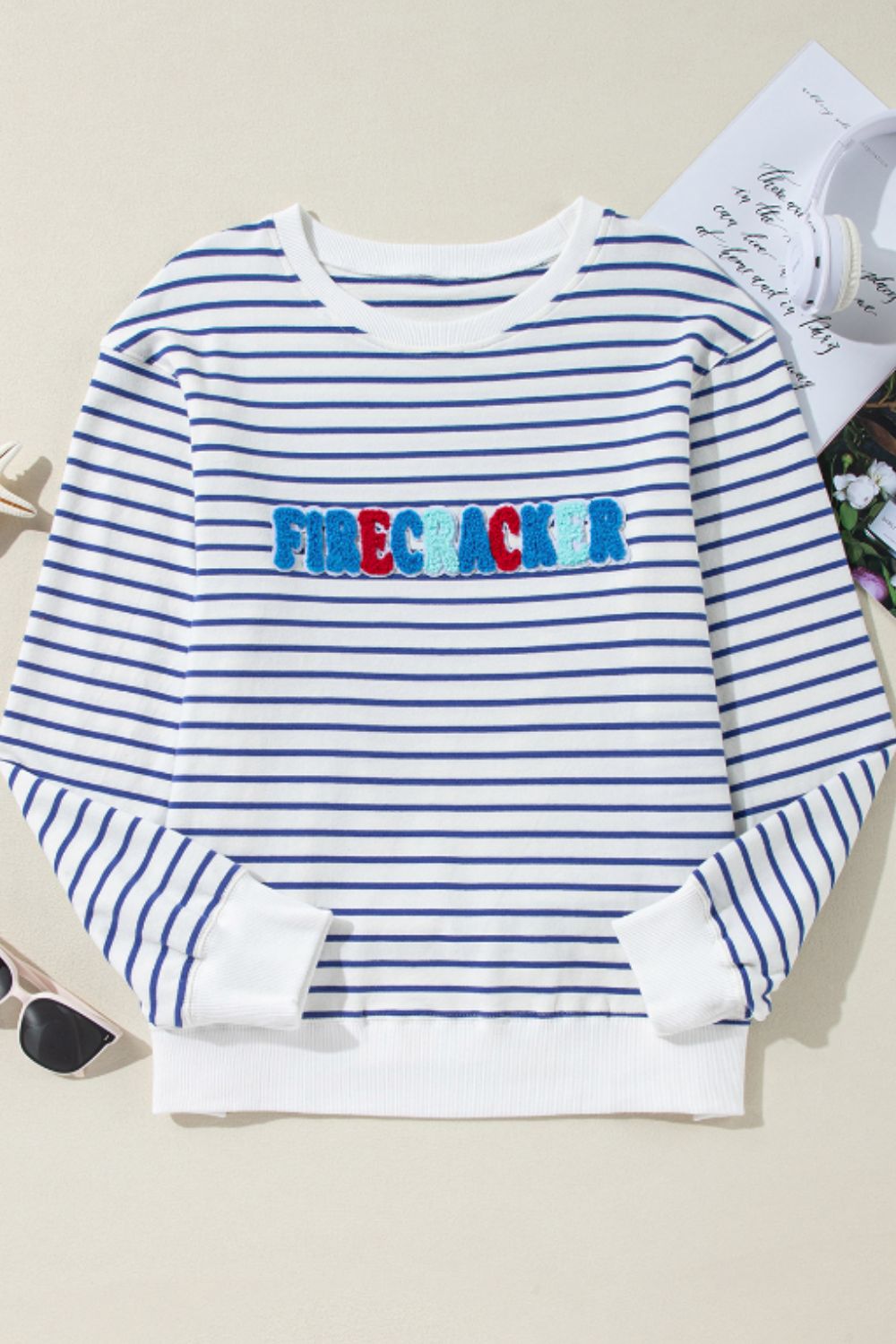 FIRECRACKER Striped Round Neck Long Sleeve Sweatshirt-TOPS / DRESSES-[Adult]-[Female]-2022 Online Blue Zone Planet