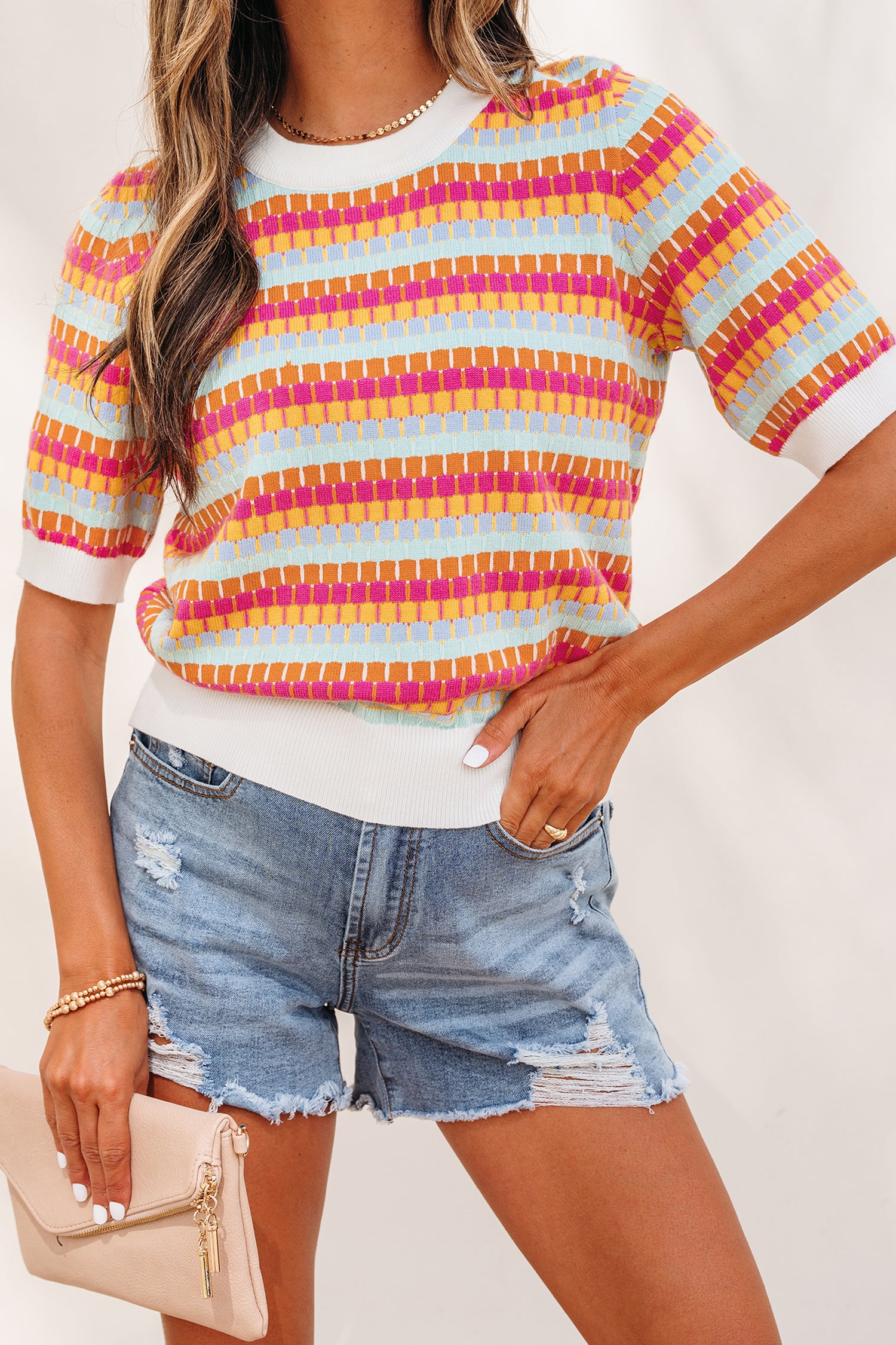 Orange Abstract Striped Knit Short Sleeve Sweater-Sweaters & Cardigans/Short Sleeve Sweaters-[Adult]-[Female]-2022 Online Blue Zone Planet