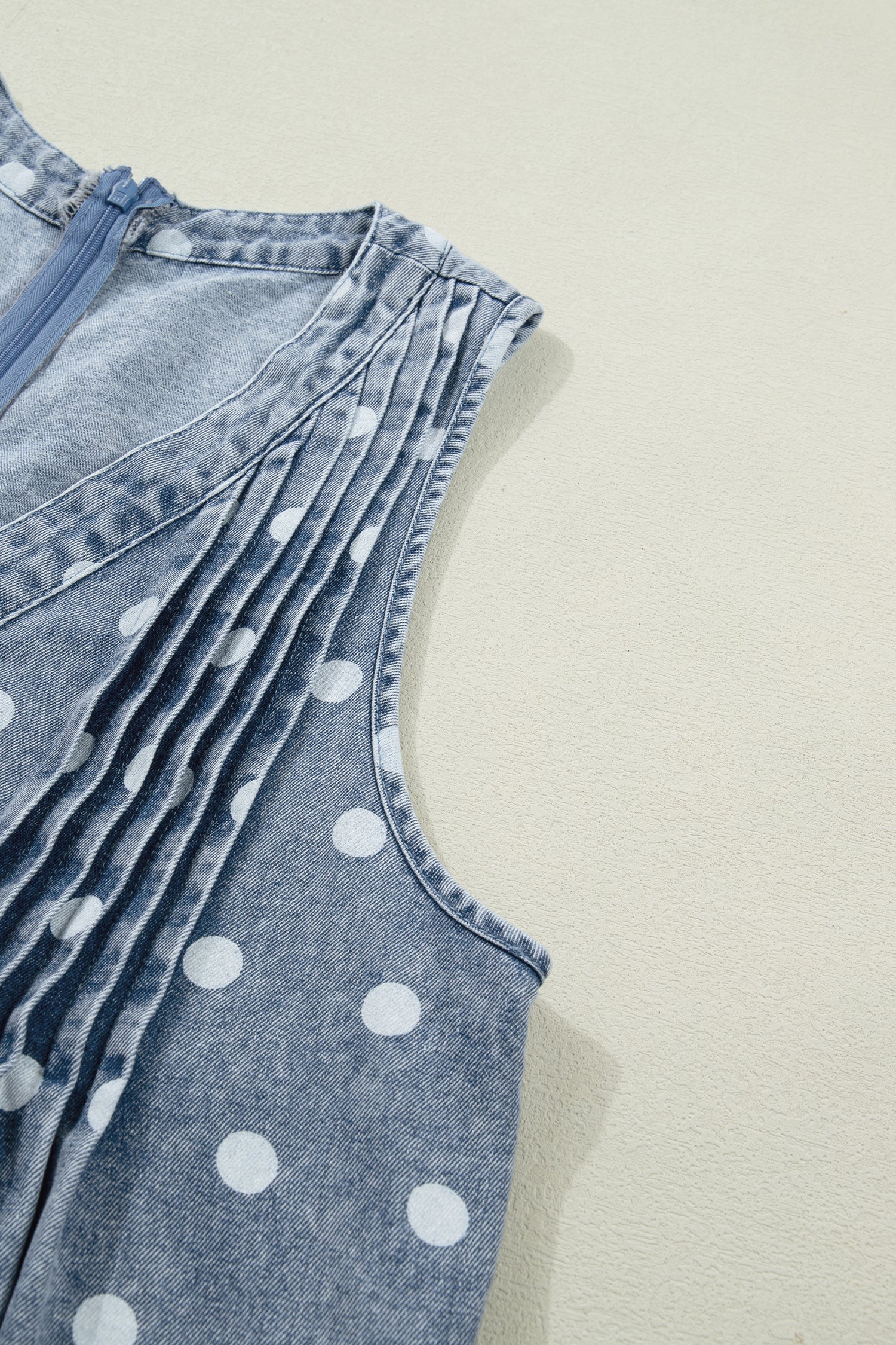 Sky Blue Polka Dot Print Tie V Neck Pleated Loose Denim Romper-Bottoms/Jumpsuits & Rompers-[Adult]-[Female]-2022 Online Blue Zone Planet