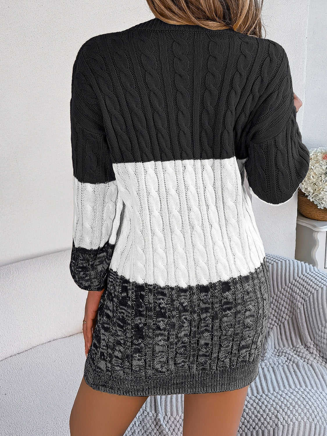 Cable-Knit Round Neck Color Block Sweater Dress - Blue Zone Planet Cable-Knit Round Neck Color Block Sweater Dress - Blue Zone Planet