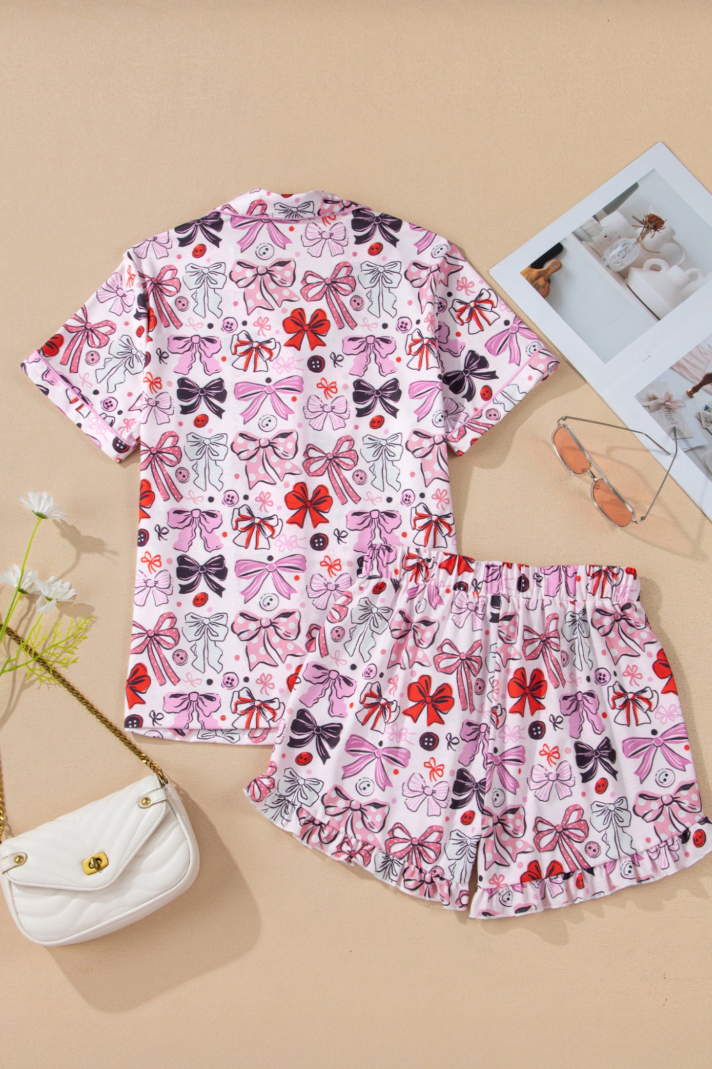 Pink Cute Ribbon Bows Printed Shirt Style 2pcs Short Pajama Set-Loungewear & Sleepwear/Loungewear-[Adult]-[Female]-2022 Online Blue Zone Planet