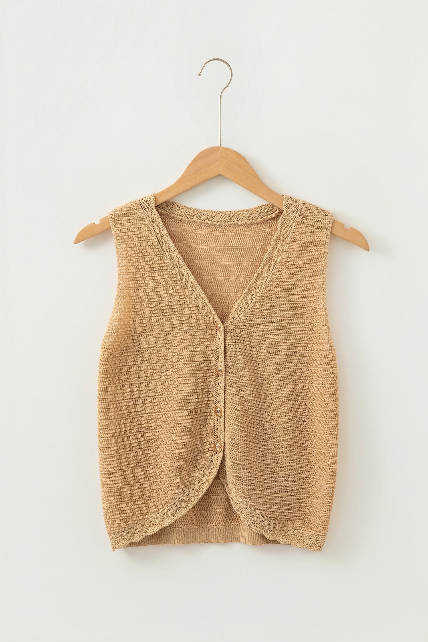 Pale Khaki Hollow Out Trim Buttoned Front Boho Sweater Vest-TOPS / DRESSES-[Adult]-[Female]-2022 Online Blue Zone Planet