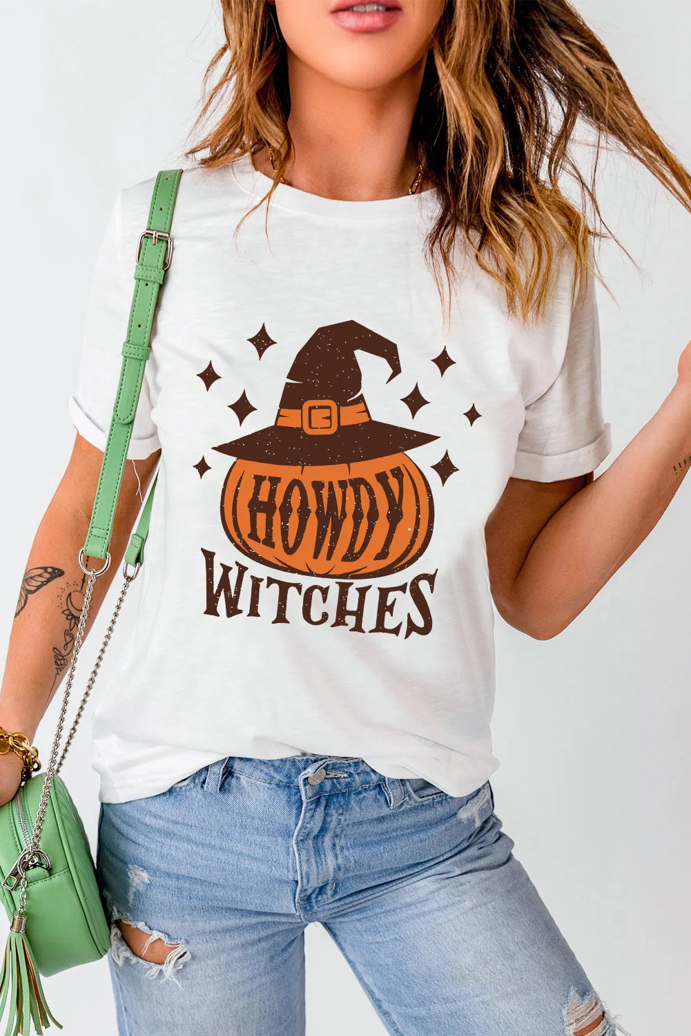 HOWDY WITCHES Round Neck Short Sleeve T-Shirt-TOPS / DRESSES-[Adult]-[Female]-White-S-2022 Online Blue Zone Planet