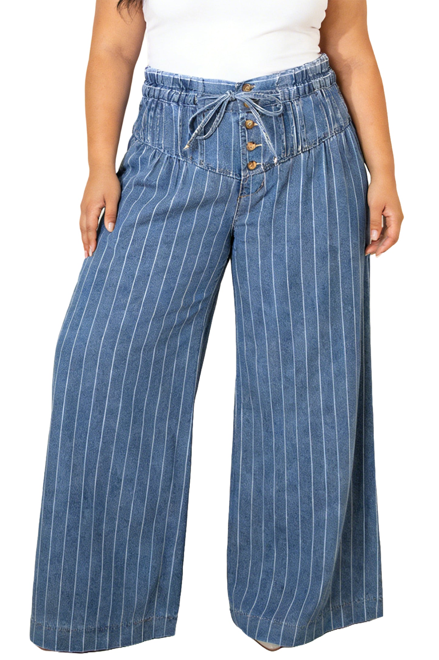 Sky Blue Stripe Plus Size Buttoned Loose Wide Leg Denim Pants-Plus Size/Plus Size Bottoms-[Adult]-[Female]-2022 Online Blue Zone Planet
