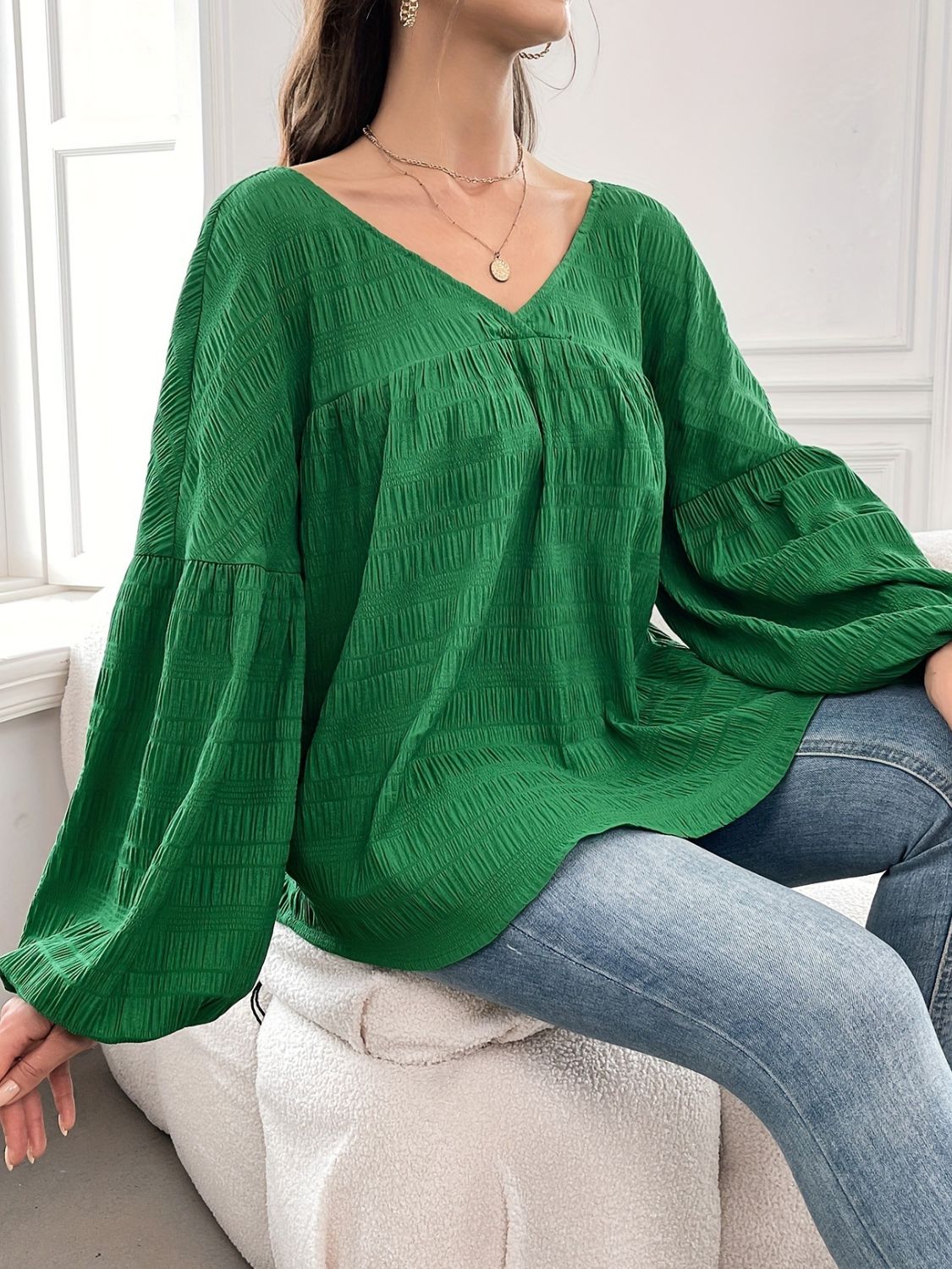 Plus Size Texture V-Neck Long Sleeve Top-TOPS / DRESSES-[Adult]-[Female]-2022 Online Blue Zone Planet