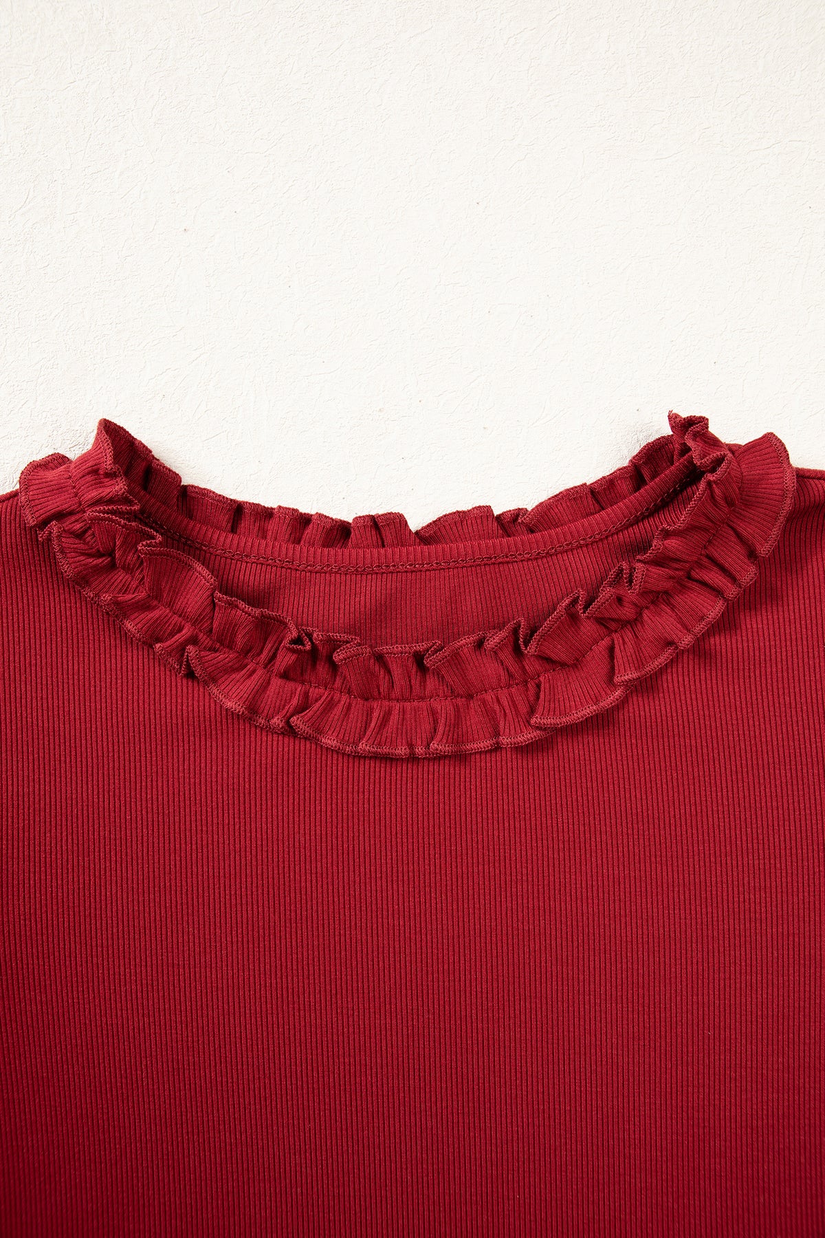 Red Dahlia Solid Color Round Neck Frill Detail Long Sleeve Top-Tops/Long Sleeve Tops-[Adult]-[Female]-2022 Online Blue Zone Planet