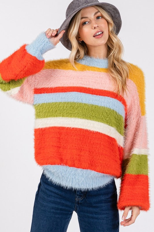 Blue Zone Planet | SAGE + FIG Color Block Round Neck Dropped Shoulder Sweater-TOPS / DRESSES-[Adult]-[Female]-2022 Online Blue Zone Planet