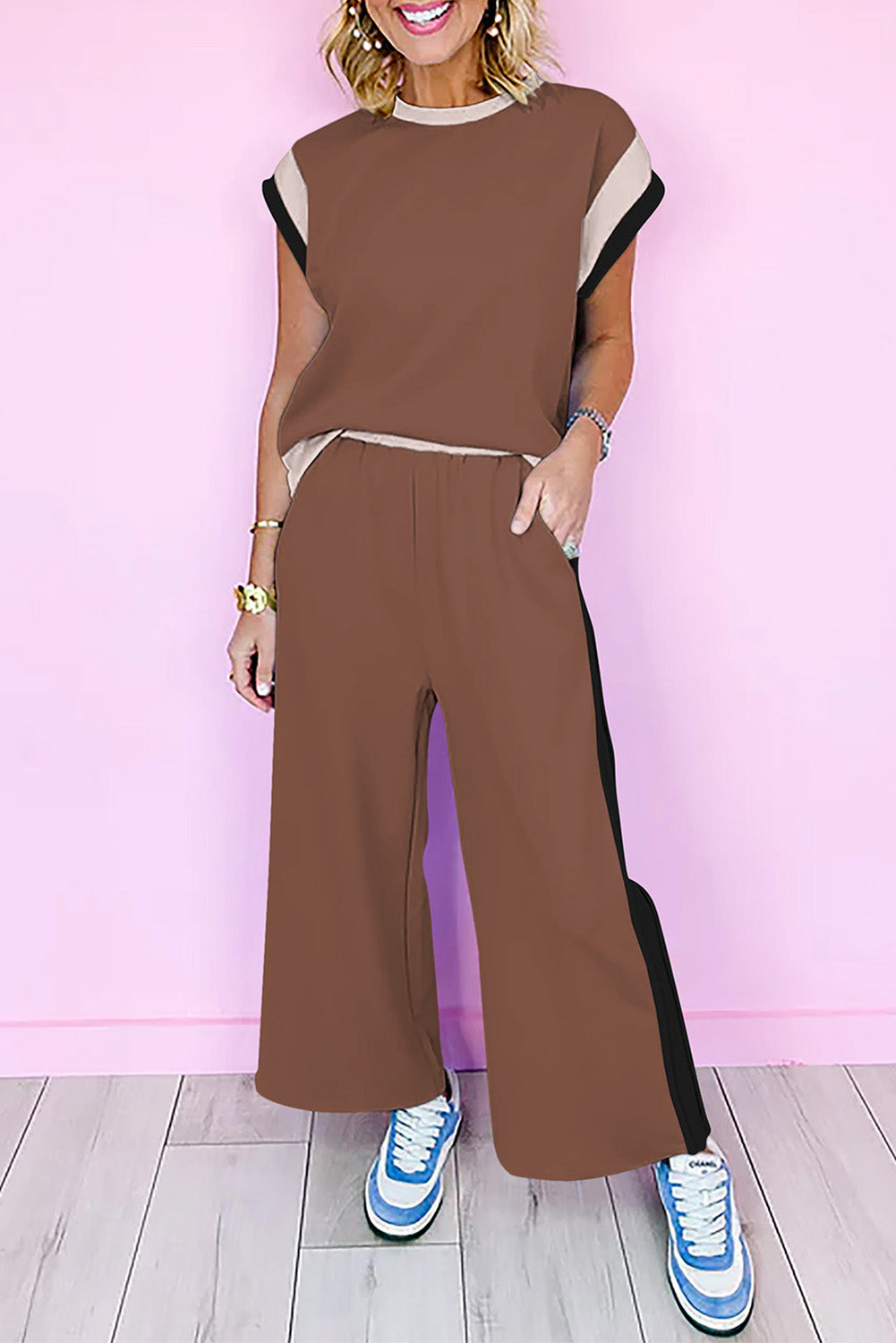 Navy Blue Color Block Detail Casual Two-piece Set-Two Piece Sets/Pant Sets-[Adult]-[Female]-Chestnut-S-2022 Online Blue Zone Planet