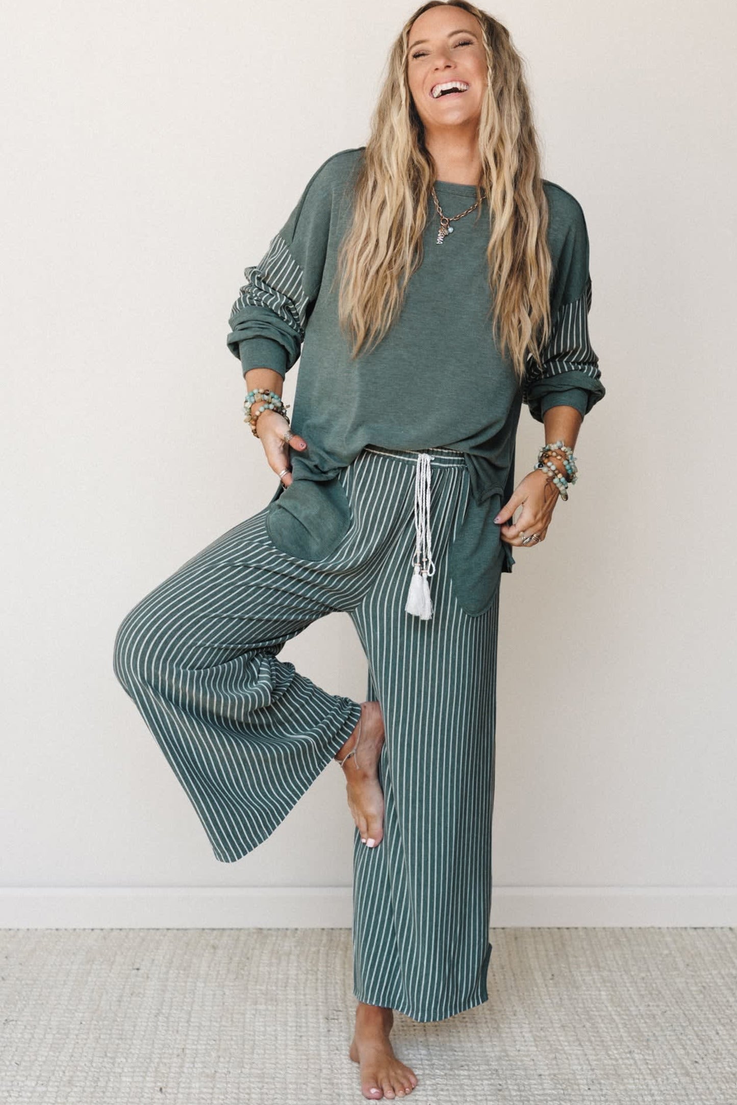 Fushia Raw Seam Patchwork Long Sleeve Top Pocket Casual Pants 2pcs Set-Two Piece Sets/Pant Sets-[Adult]-[Female]-2022 Online Blue Zone Planet