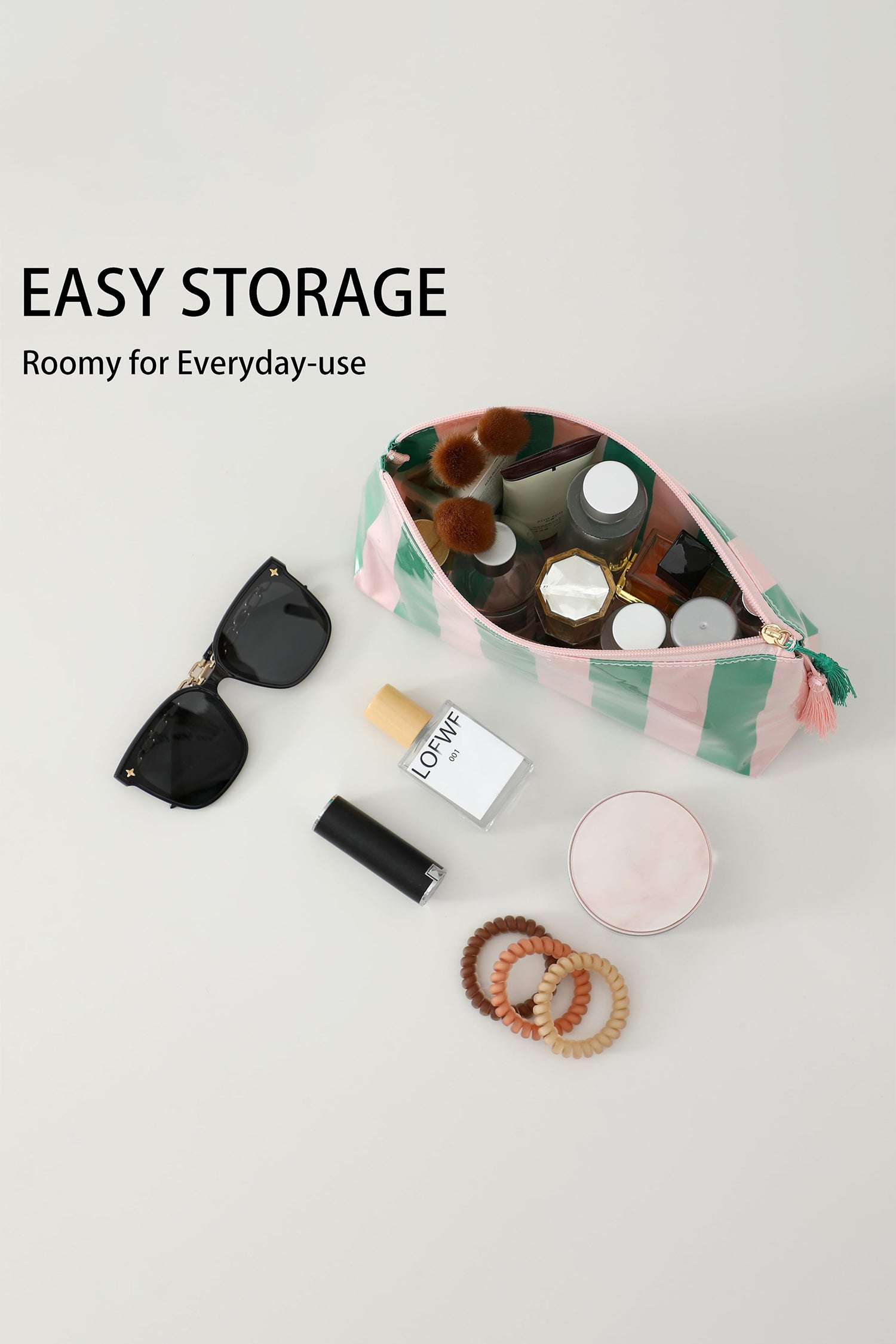 Dark Green Striped Vinyl Waterproof Tassel Zipper Makeup Bag-Shoes & Bags/Makeup Bags-[Adult]-[Female]-2022 Online Blue Zone Planet